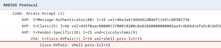 Wireshark Access-Accept with Cisco-AVPair shell:priv-lvl=15