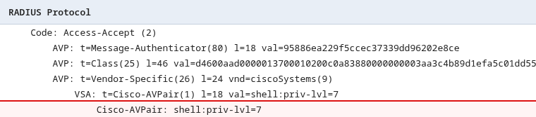 Wireshark Access-Accept with Cisco-AVPair shell:priv-lvl=7