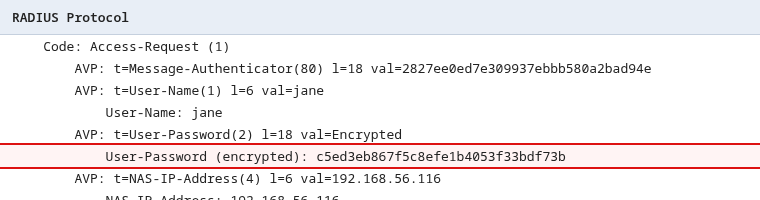 Wireshark Access-Request with User-Password marked encrypted