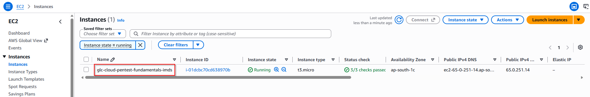 AWS EC2 Instances list showing running glc-cloud-pentest-fundamentals-imds t3.micro in ap-south-1