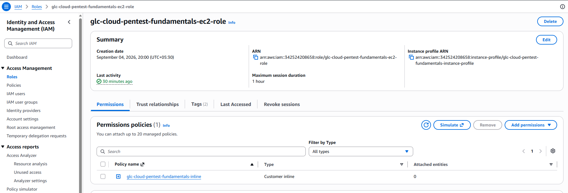 AWS IAM role glc-cloud-pentest-fundamentals-ec2-role with instance profile ARN and inline permissions policy
