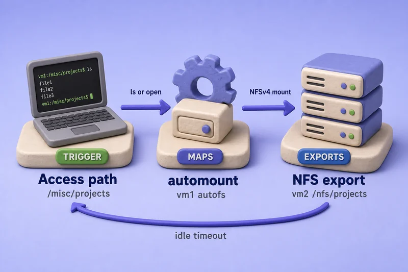 On-demand mount flow from a client access path through the automount daemon to the NFS export, with an idle timeout unmounting afterwards