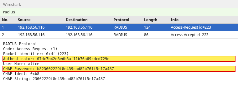 Wireshark RADIUS details with the CHAP authenticator challenge and CHAP-Password