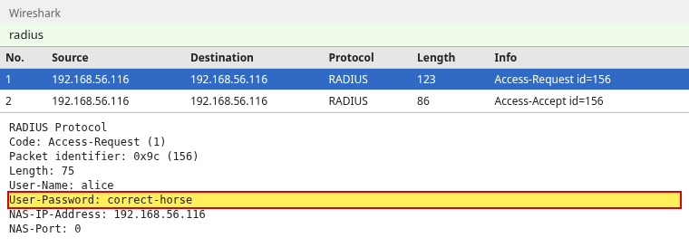 PAP User-Password decoded using the RADIUS shared secret