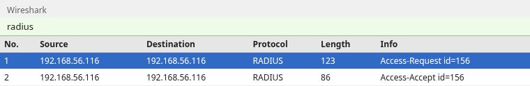 Wireshark packet list showing a RADIUS Access-Request and Access-Accept between 192.168.56.116