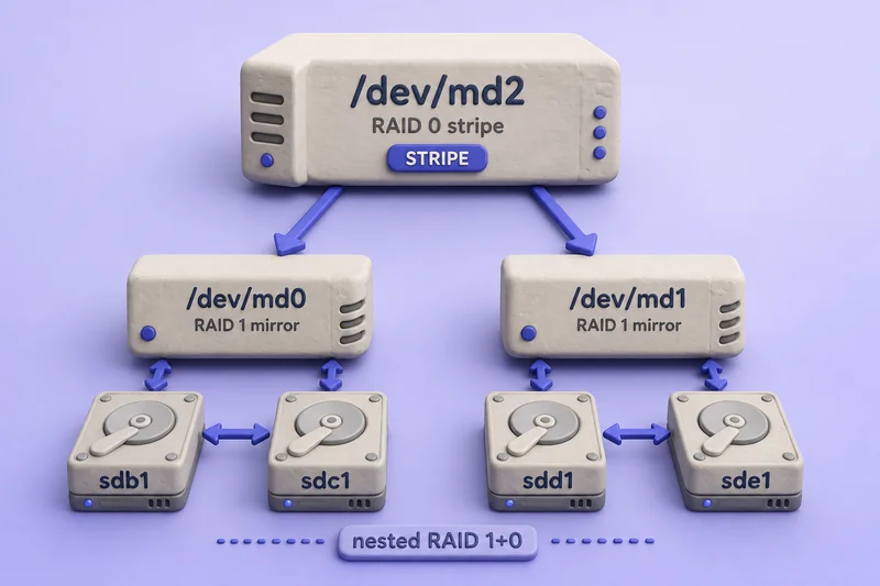 Nested RAID 10 topology with RAID 0 stripe /dev/md2 over two RAID 1 mirrors /dev/md0 and /dev/md1