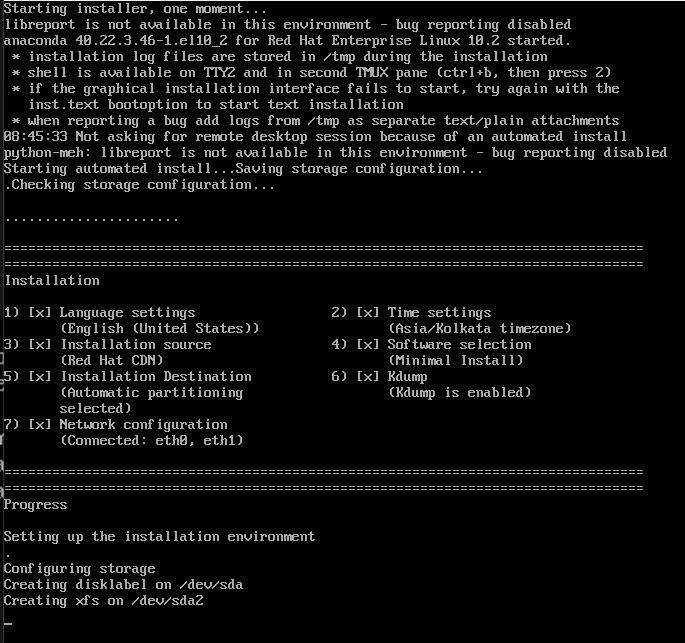 Anaconda automated install summary with kickstart language timezone install and storage progress