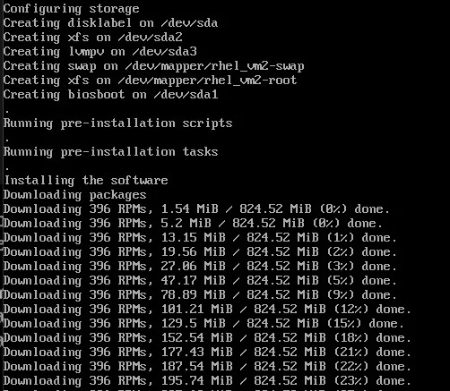 Kickstart install progress showing LVM on sda and RPM download percentage from Red Hat CDN