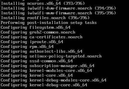 Anaconda console showing RPM install completion and post-installation setup tasks during kickstart install