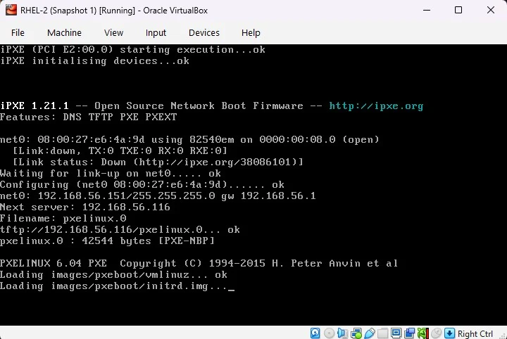 iPXE DHCP on 192.168.56.x next server 192.168.56.116 loading pxelinux.0 vmlinuz and initrd via TFTP