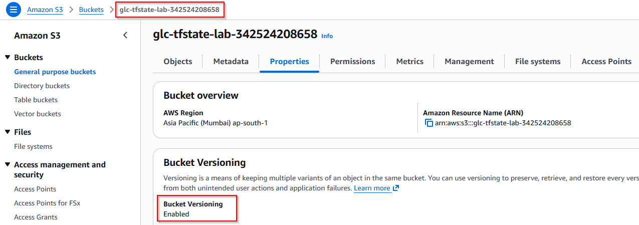 S3 bucket versioning Enabled on glc-tfstate-lab state bucket