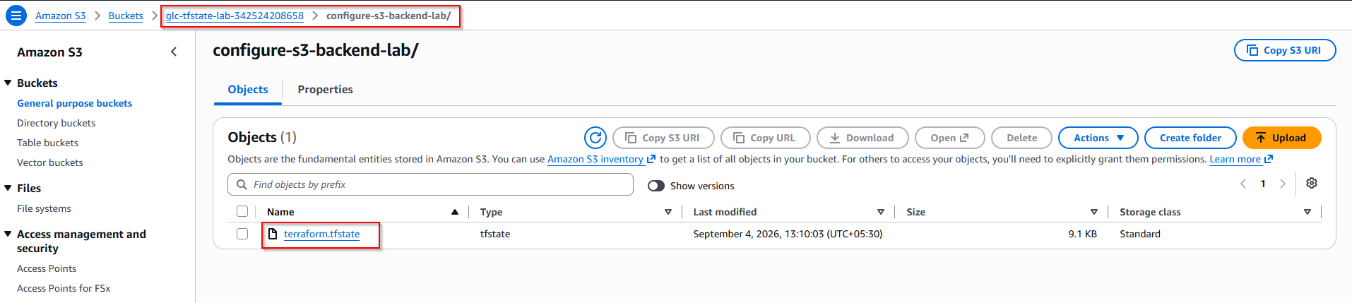 S3 objects under configure-s3-backend-lab prefix showing terraform.tfstate