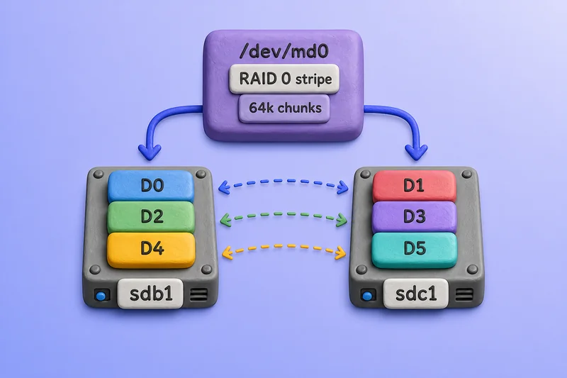 RAID 0 stripe topology with alternating data chunks across sdb1 and sdc1 on /dev/md0