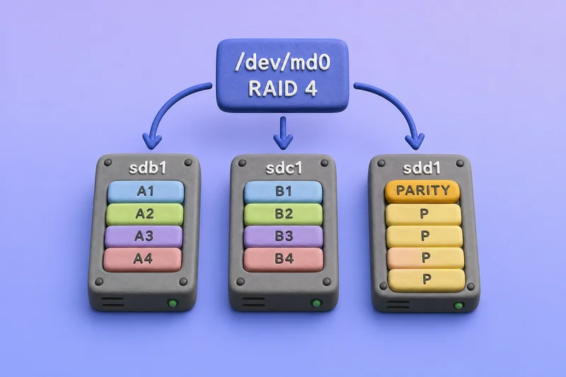 RAID 4 topology with dedicated parity disk sdd1 and striped data on sdb1 and sdc1