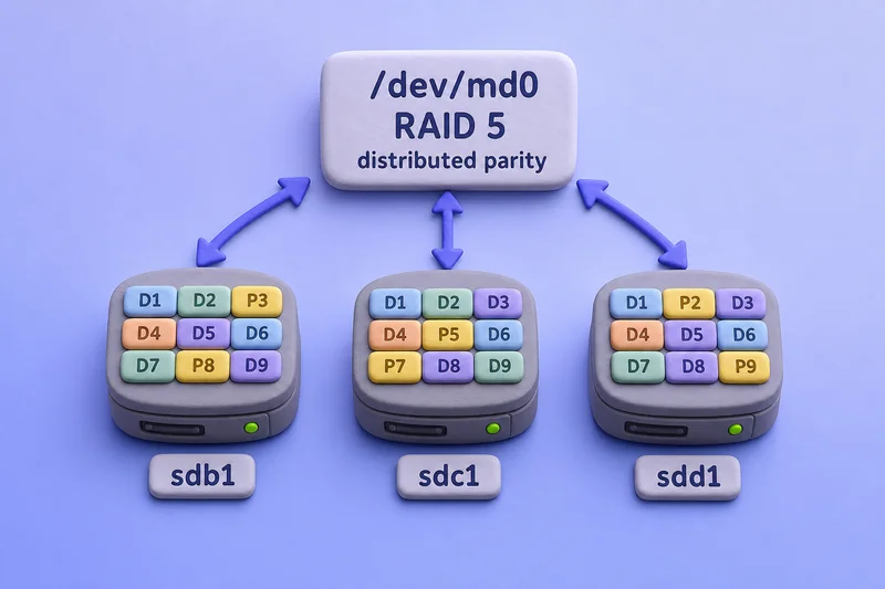RAID 5 topology with distributed parity across sdb1, sdc1, and sdd1 on /dev/md0
