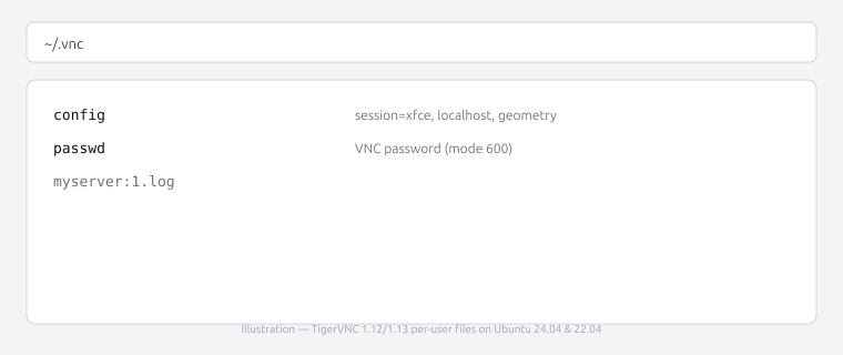 Illustration of TigerVNC per-user files under ~/.vnc including config, passwd, and session log