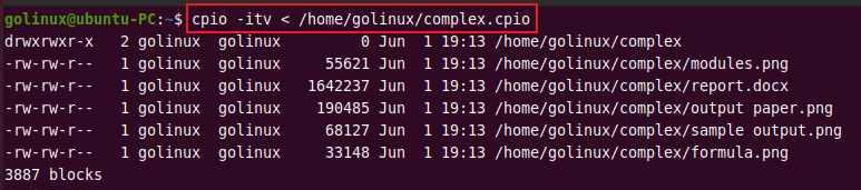 List contents of a cpio archive using cpio command