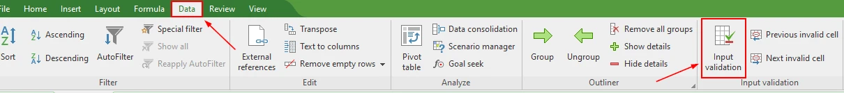 SoftMaker PlanMaker Data tab with Input validation highlighted on the ribbon