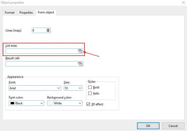 PlanMaker Object properties dialog on the Form object tab with the List area field highlighted