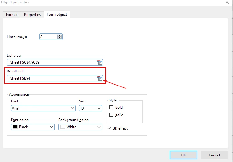 PlanMaker Object properties dialog with List area =Sheet1!$C$4:$C$9 and Result cell =Sheet1!$B$4