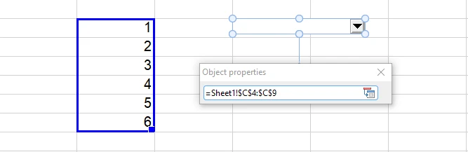 PlanMaker sheet with list source cells selected and Object properties showing =Sheet1!$C$4:$C$9 as the list area
