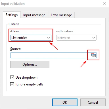 PlanMaker Input validation dialog with Allow set to List entries and the Source range picker highlighted