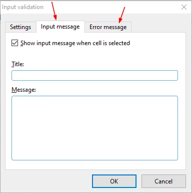 PlanMaker Input validation dialog showing the Input message and Error message tabs