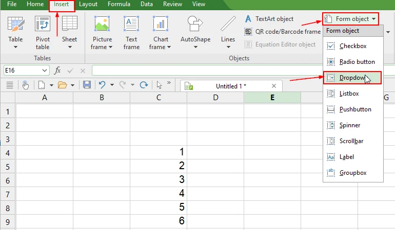 PlanMaker Insert tab with Form object menu open and Dropdown selected
