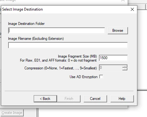 FTK Imager Select Image Destination dialog with fragment size and compression