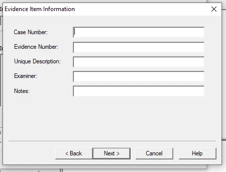FTK Imager Evidence Item Information dialog with case examiner and notes fields
