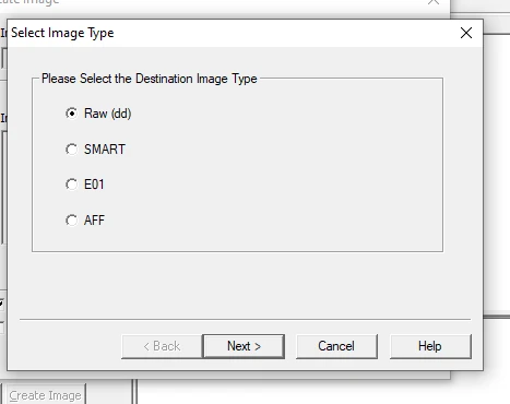 FTK Imager Select Image Type dialog listing Raw SMART E01 and AFF