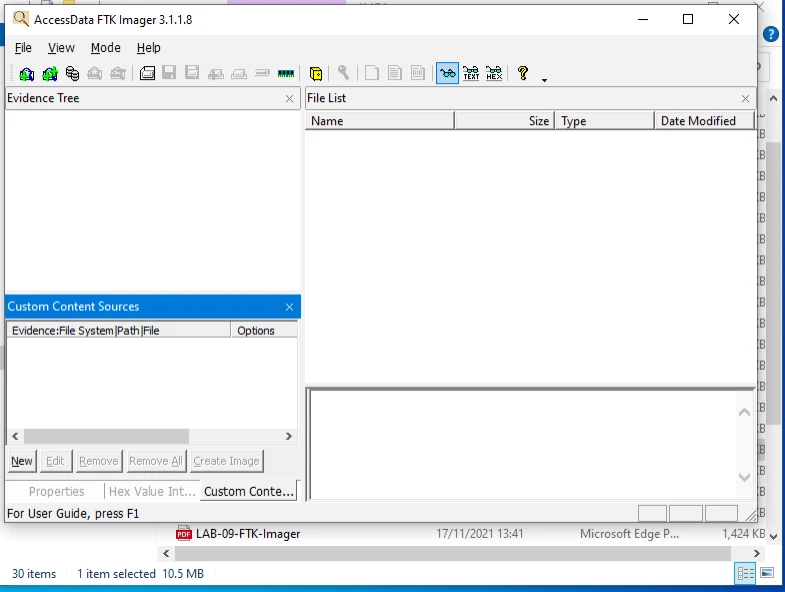FTK Imager main window before Create Disk Image