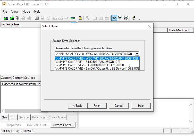 FTK Imager Select Drive dialog listing physical disks
