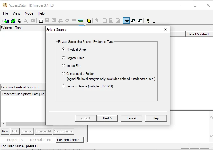 FTK Imager Select Source dialog with Physical Drive selected