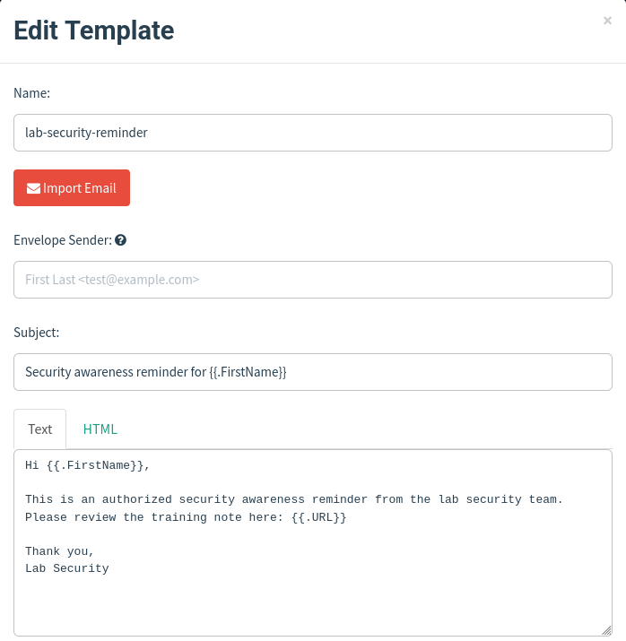 Gophish email template lab-security-reminder with FirstName subject and URL in the body