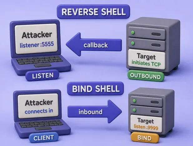Reverse shell vs bind shell: target connects out to attacker listener; bind shell has target listen and attacker connect in