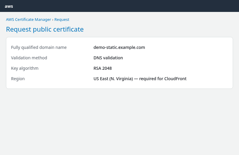 ACM request public certificate with DNS validation in us-east-1 for CloudFront