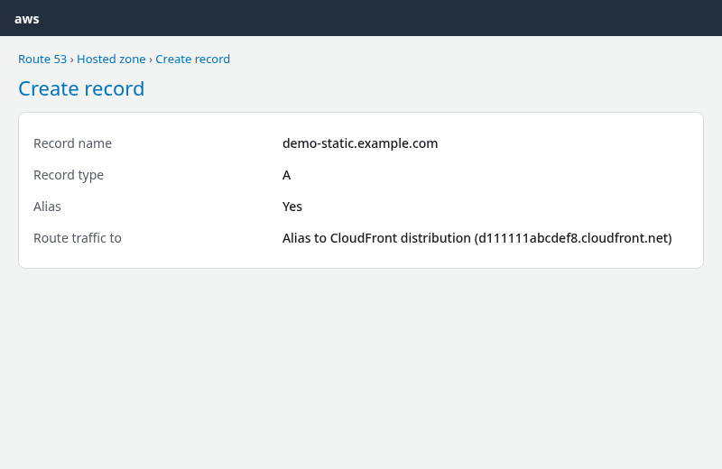 Route 53 alias A record pointing a hostname to a CloudFront distribution