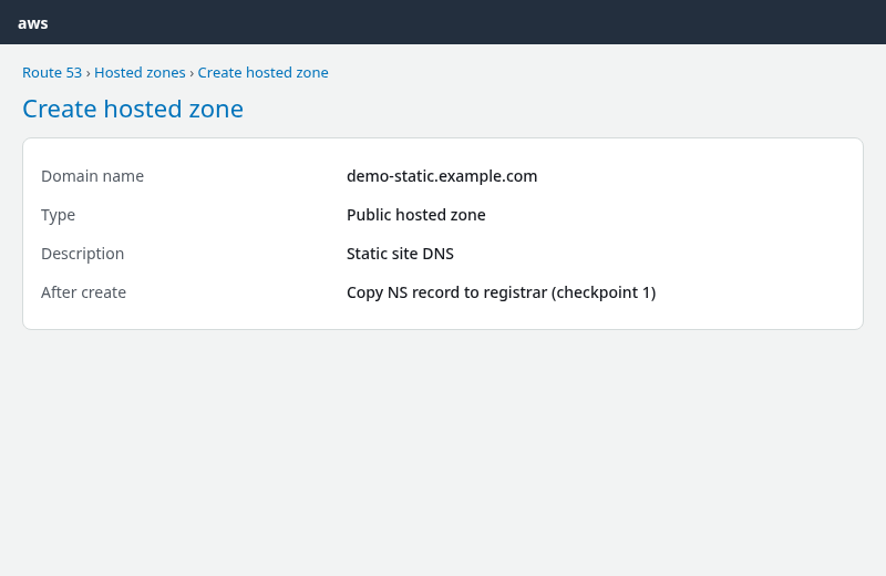 Route 53 create public hosted zone for a static site domain