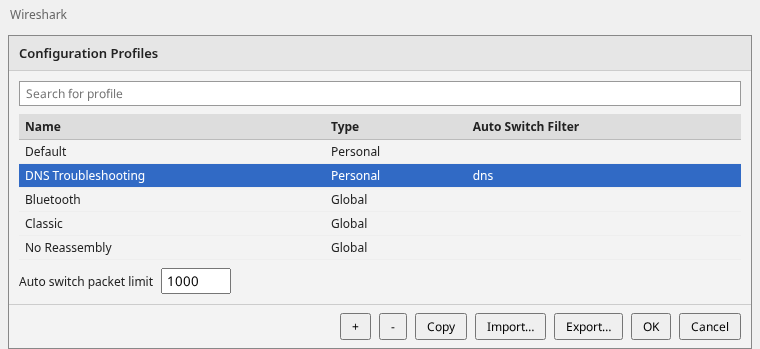 Wireshark Configuration Profiles dialog with Auto Switch Filter dns on the DNS Troubleshooting profile and packet limit 1000