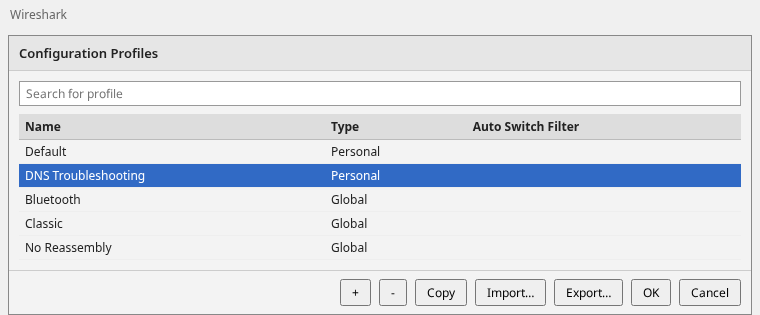 Wireshark Configuration Profiles dialog with a new personal profile named DNS Troubleshooting