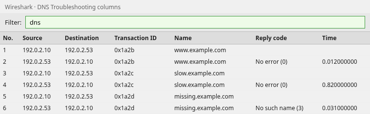 Wireshark packet list with DNS transaction ID, query name, reply code, and response time columns