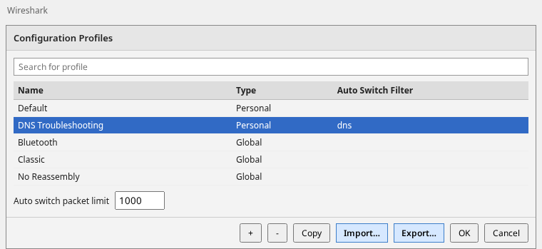 Wireshark Configuration Profiles dialog with DNS Troubleshooting selected and the Import and Export buttons