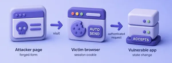CSRF flow from attacker page through the victim browser to a cookie-authenticated app