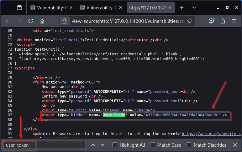 Firefox view-source of DVWA CSRF High highlighting the hidden user_token input