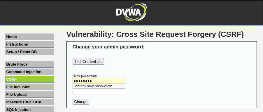 DVWA CSRF page at Low security showing the Change your admin password form