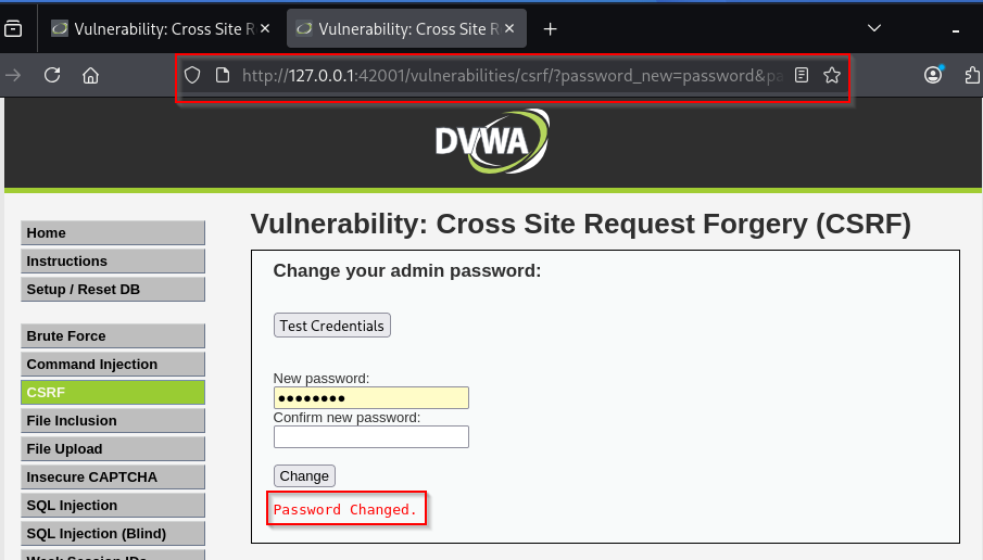 DVWA CSRF after the PoC with Password Changed and the forged GET URL in the address bar