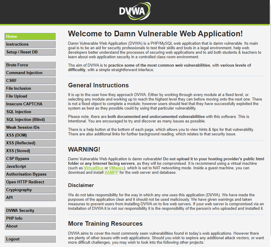 DVWA home page showing the vulnerability module list