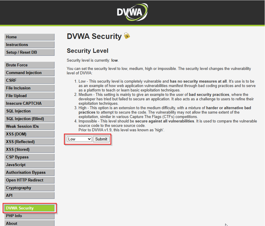DVWA security level selector on the Security page