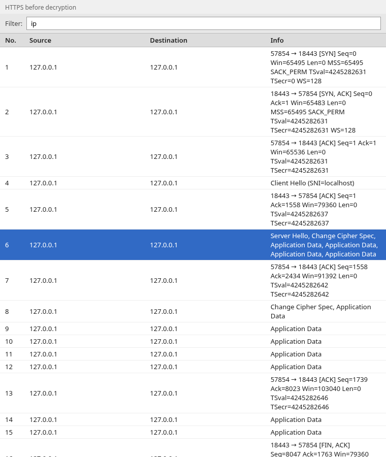 Wireshark packet list of an HTTPS capture before decryption, frame 6 selected, Server Hello followed by Application Data